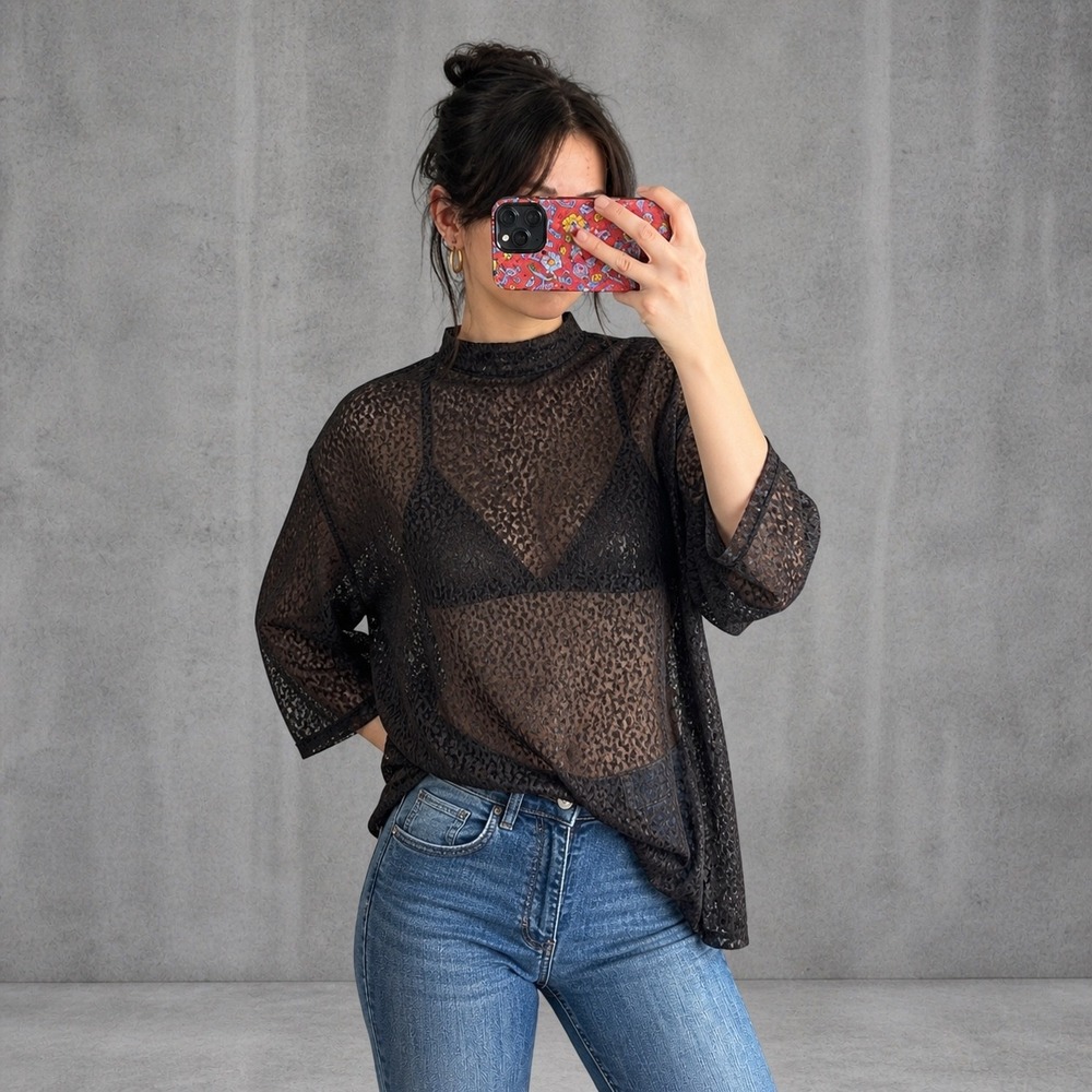 Whimsigoth‎ Grunge Sheer Burnout Floral Mock Neck Top Witchy Sexy M Black Nylon